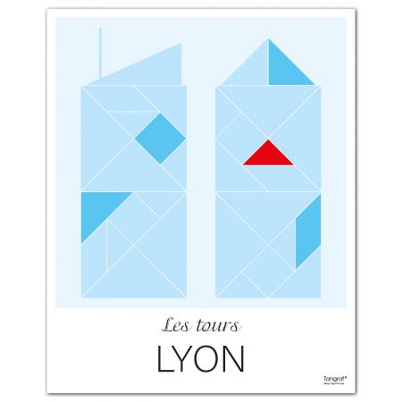 Affiche LYON Les tours - 50 x 40 cm - Bleu - Tangraf