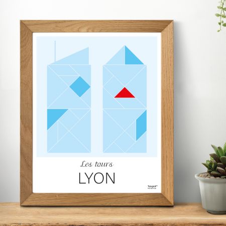 Affiche LYON Les tours - 50 x 40 cm - Bleu - Tangraf