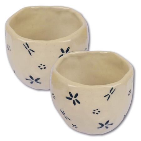 Tasses à café expresso artisanales en grès " Fleurs bleues " - Lot de 2