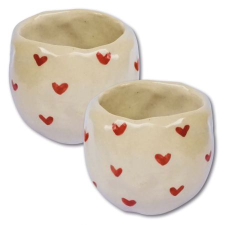 Tasses à café expresso artisanales en grès " Coeurs rouges " - Lot de 2