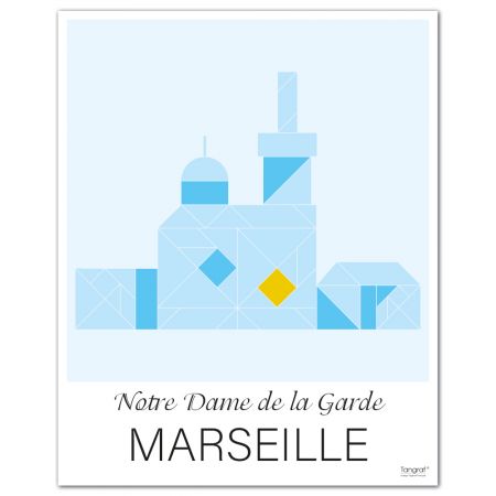 Affiche " MARSEILLE " Notre Dame de la Garde - 50 x 40 cm - Bleu - Tangraf