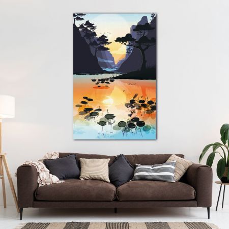 Tableau toile " Soleil couchant montagne sur le lac " illustration d'art