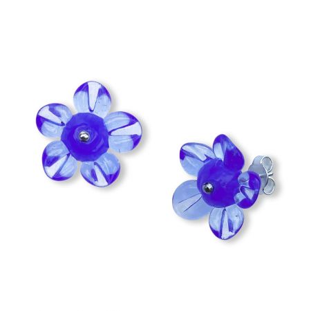 Boucles d'oreilles fleurs en verre filé - Bleu