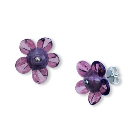 Boucles d'oreilles fleurs en verre filé - Rose et Violet