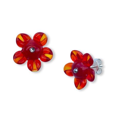 Boucles d'oreilles fleurs en verre filé - Rouge et Orange