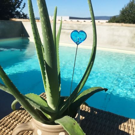 Tige à planter coeur en verre filé - Bleu à pois Blanc