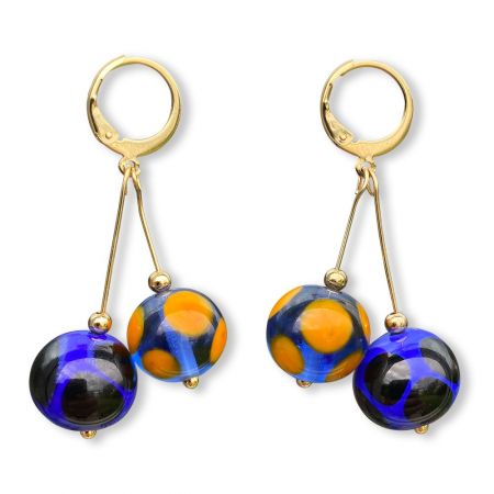 Boucles d'oreilles 2 perles en verre filé - Bleu, Noir et Orange