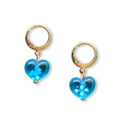 Boucles d'oreilles coeur en verre filé - Bleu à pois Blanc