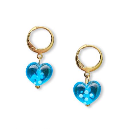 Boucles d'oreilles coeur en verre filé - Bleu à pois Blanc