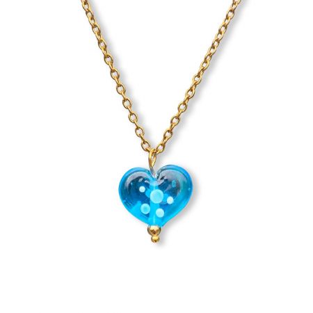 Collier coeur en verre filé - Bleu à pois Blanc