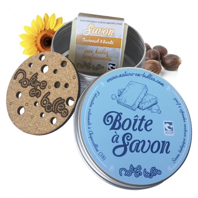 Savon artisanal bio avec porte-savon et boîte - Tournesol & Karité