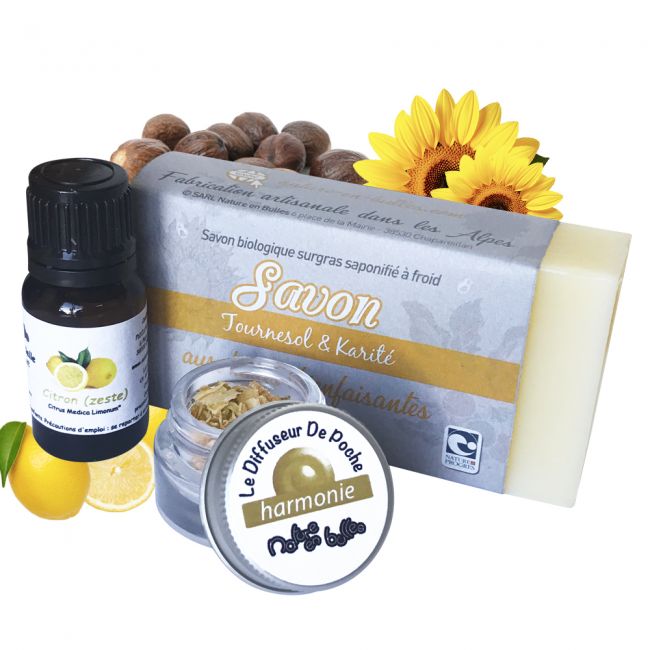 Savon artisanal bio Tournesol & Karité avec huile essentielle Citron et son diffuseur