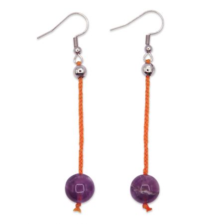 Boucles d'oreilles - Améthyste violette sur soie tressée orange