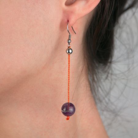 Boucles d'oreilles - Améthyste violette sur soie tressée orange