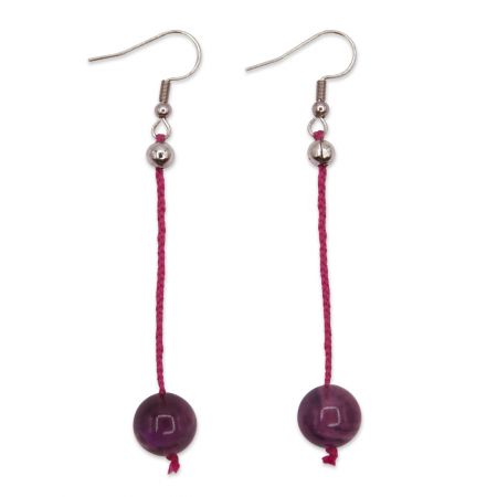 Boucles d'oreilles - Améthiste violette sur soie tressée rose