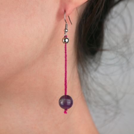 Boucles d'oreilles - Améthiste violette sur soie tressée rose