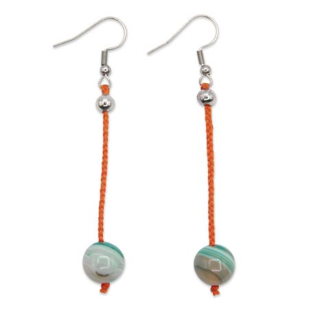 Boucles d'oreilles - Agate bleue sur soie tressée orange