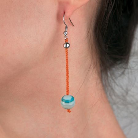 Boucles d'oreilles - Agate bleue sur soie tressée orange