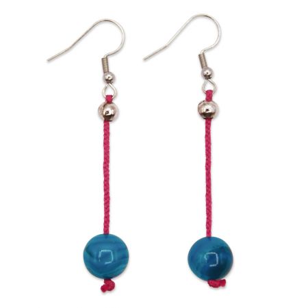 Boucles d'oreilles - Agate bleue sur soie tressée rose