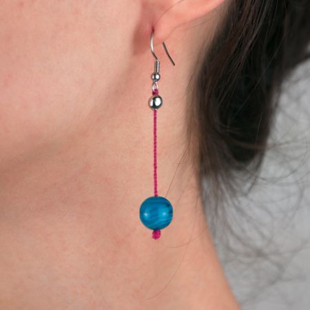 Boucles d'oreilles - Agate bleue sur soie tressée rose