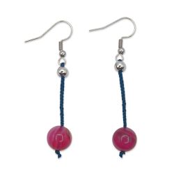 Boucles d'oreilles - Agate rose sur soie tressée bleue