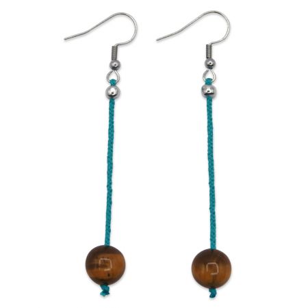 Boucles d'oreilles - Oeil du tigre marron sur soie tressée bleue