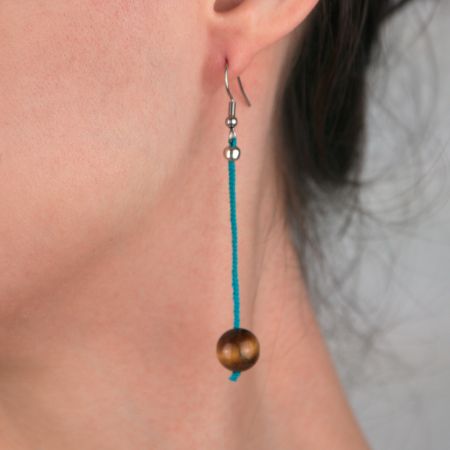 Boucles d'oreilles - Oeil du tigre marron sur soie tressée bleue