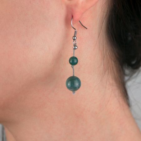 Boucles d'oreilles - 2 Agates mousse vertes sur soie tressée grise