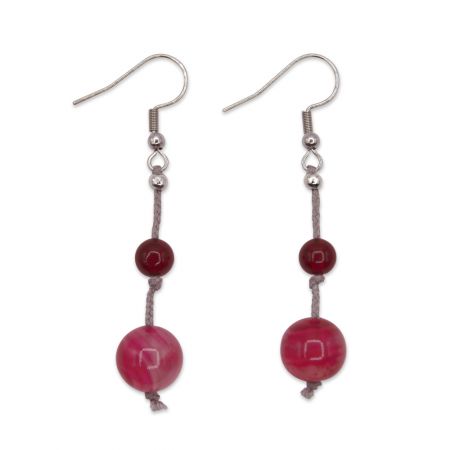 Boucles d'oreilles - 2 Agates roses sur soie tressée grise - Nuances au choix