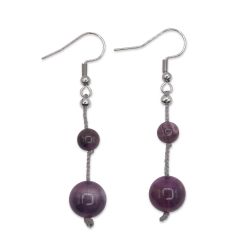 Boucles d'oreilles - 2 Améthystes violettes sur soie tressée grise