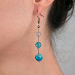Boucles d'oreilles - 2 Agates bleues sur soie tressée grise