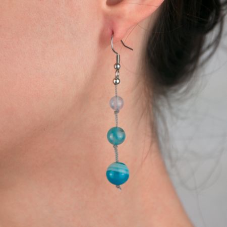Boucles d'oreilles - 2 Agates bleues sur soie tressée grise