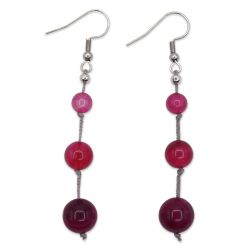 Boucles d'oreilles - 2 Agates roses sur soie tressée grises