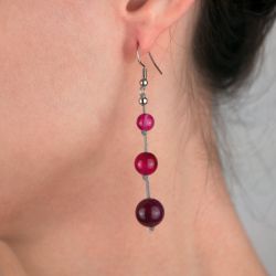 Boucles d'oreilles - 2 Agates roses sur soie tress&eacute;e grises