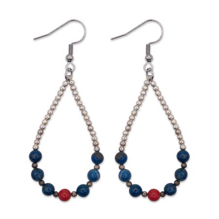 Boucles d'oreilles gouttes - 6 Lapis-lazulis bleus et 1 Jaspe rouge