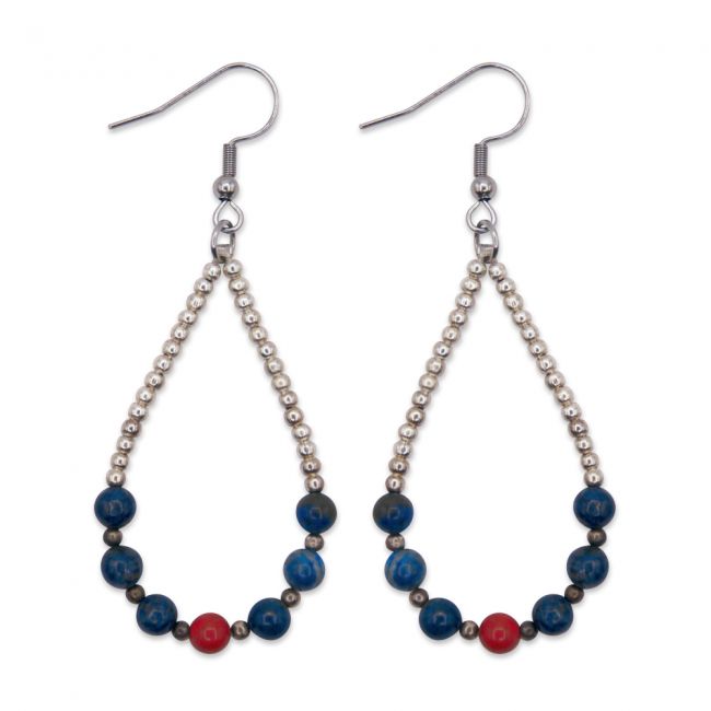 Boucles d'oreilles gouttes - 6 Lapis-lazulis bleus et 1 Jaspe rouge