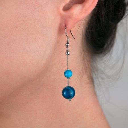 Boucles d'oreilles - 2 Agates bleues sur soie tressée grise - Nuances au choix