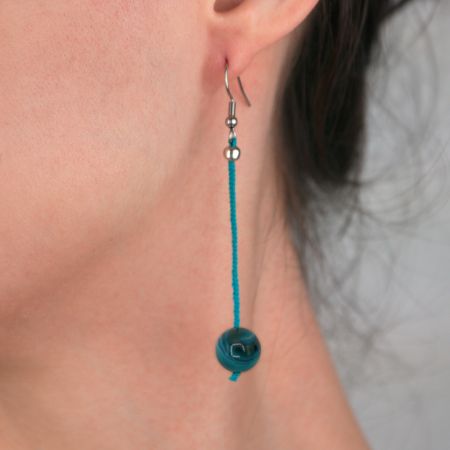 Boucles d'oreilles - Agate bleue sur soie tressée bleue