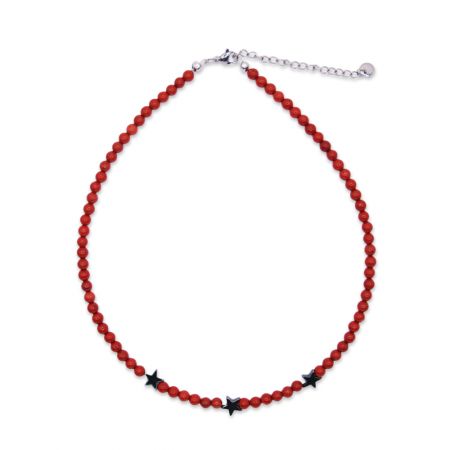 Collier de perles de jaspe avec étoiles en hématite - Rouge et Gris