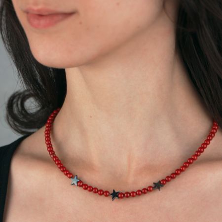 Collier de perles de jaspe avec étoiles en hématite - Rouge et Gris