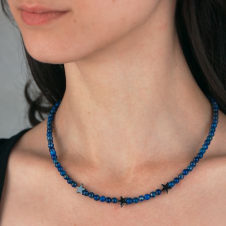 Collier de perles de lapis-lazuli avec étoiles en hématite - Bleu et Gris