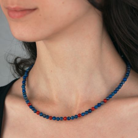 Collier de perles de lapis-lazuli et jaspe - Bleu et Rouge