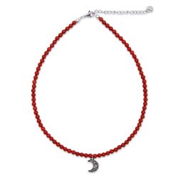 Collier de perles de jaspe avec lune de métal - Rouge