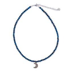 Collier de perles de lapis-lazuli avec lune de métal - Bleu