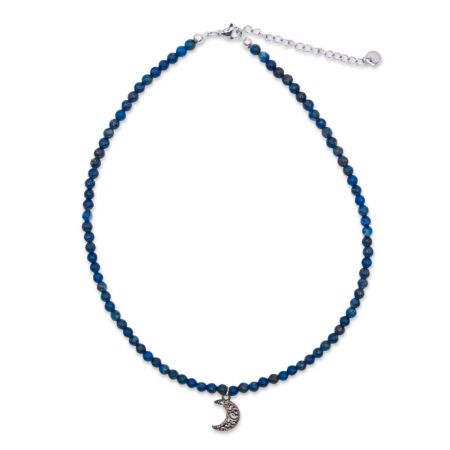 Collier de perles de lapis-lazuli avec lune de métal - Bleu