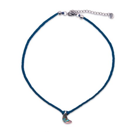 Collier ras de cou en soie tressée avec lune en abalone - Bleu foncé