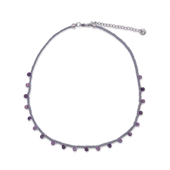 Collier ras de cou en soie tressée avec améthistes fines facettées - Violet