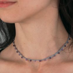 Collier ras de cou en soie tressée avec améthistes fines facettées - Violet