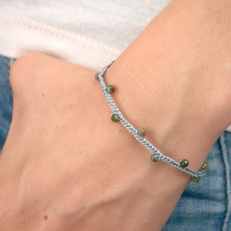 Bracelet de soie tressée grise et tourmalines fines facettées - Vert et rose