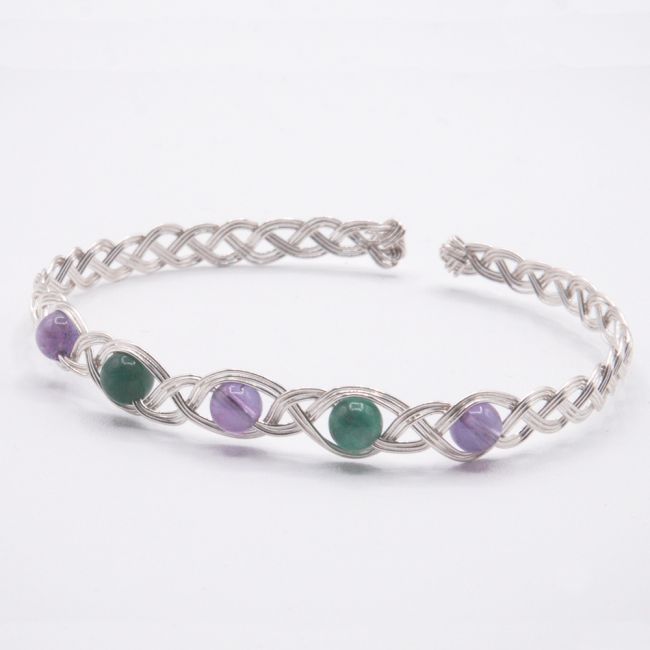 Bracelet tressé 3 agates mousse vertes et 2 améthystes violettes - Monture au choix